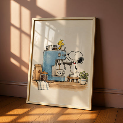 Beagle Dog Making Espresso, Retro Cartoon Poster, Funny Coffee Kitchen Wall Art, Quirky Decor — styled room mockup 6