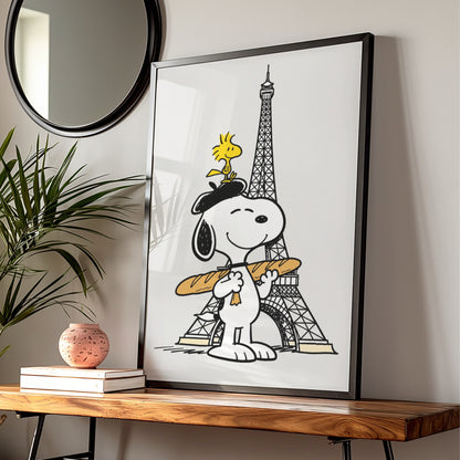 Cartoon Beagle in Beret with Baguette, Paris Eiffel Tower Poster, Funny Cartoon Wall Art — styled room mockup 1