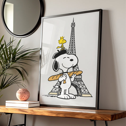 Cartoon Beagle in Beret with Baguette, Paris Eiffel Tower Poster, Funny Cartoon Wall Art — styled room mockup 1