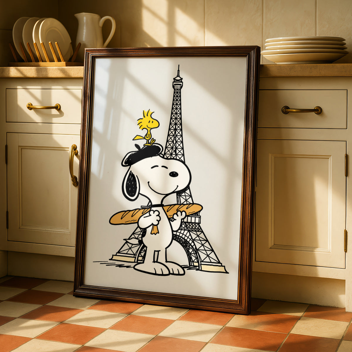 Cartoon Beagle in Beret with Baguette, Paris Eiffel Tower Poster, Funny Cartoon Wall Art — styled room mockup 2