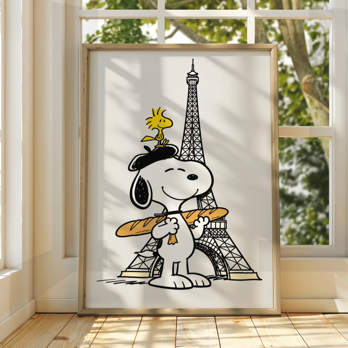 Cartoon Beagle in Beret with Baguette, Paris Eiffel Tower Poster, Funny Cartoon Wall Art — styled room mockup 3