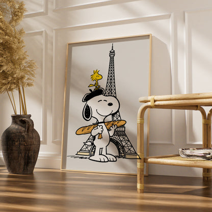 Cartoon Beagle in Beret with Baguette, Paris Eiffel Tower Poster, Funny Cartoon Wall Art — styled room mockup 4