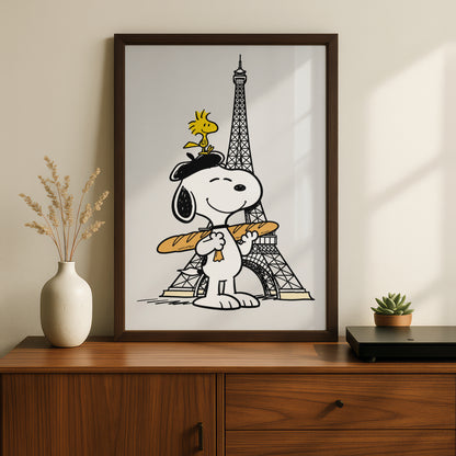 Cartoon Beagle in Beret with Baguette, Paris Eiffel Tower Poster, Funny Cartoon Wall Art — styled room mockup 5