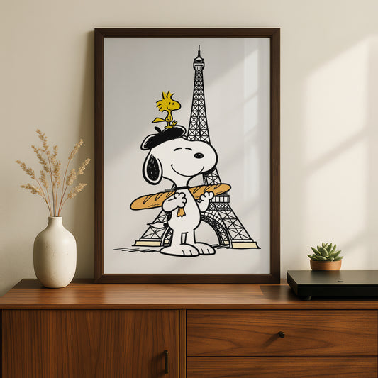 Cartoon Beagle in Beret with Baguette, Paris Eiffel Tower Poster, Funny Cartoon Wall Art — styled room mockup 5
