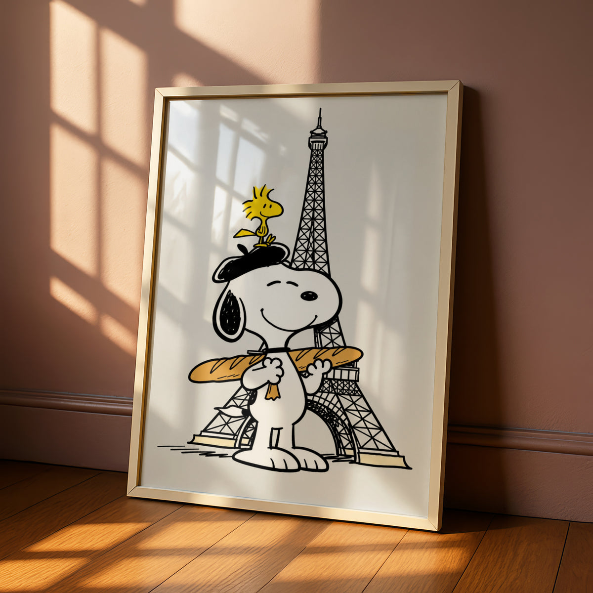 Cartoon Beagle in Beret with Baguette, Paris Eiffel Tower Poster, Funny Cartoon Wall Art — styled room mockup 6
