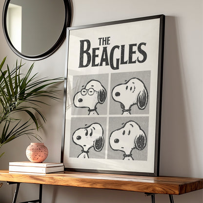The Beagles Cartoon Poster, Retro Cartoon Print, Funny Wall Art, Black and White Dog Quirky Decor — styled room mockup 1