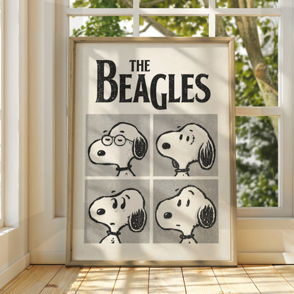 The Beagles Cartoon Poster, Retro Cartoon Print, Funny Wall Art, Black and White Dog Quirky Decor — styled room mockup 3