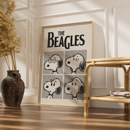 The Beagles Cartoon Poster, Retro Cartoon Print, Funny Wall Art, Black and White Dog Quirky Decor — styled room mockup 4