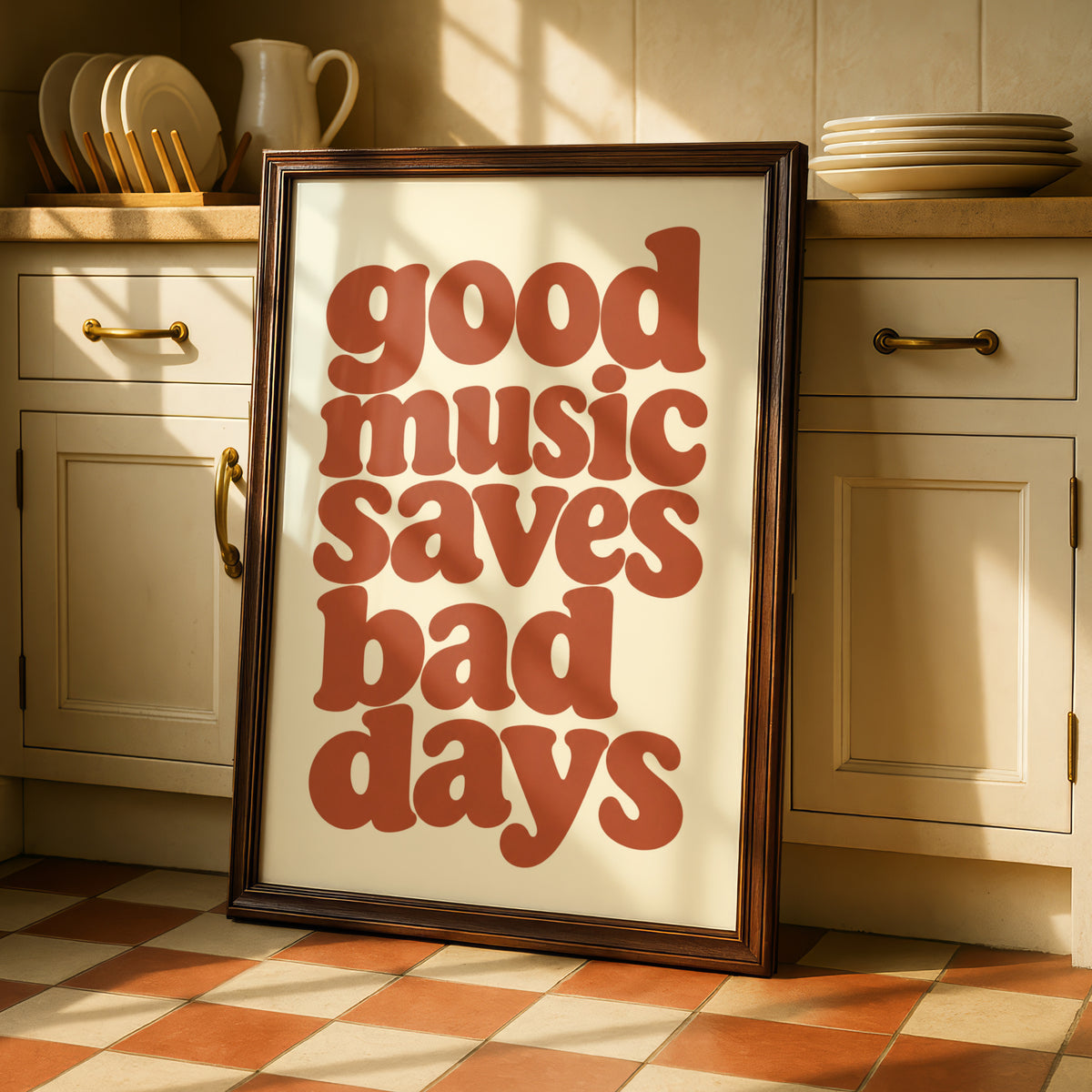 Good Music Saves Bad Days Retro Typography Print, Terracotta Quote Wall Art Poster
