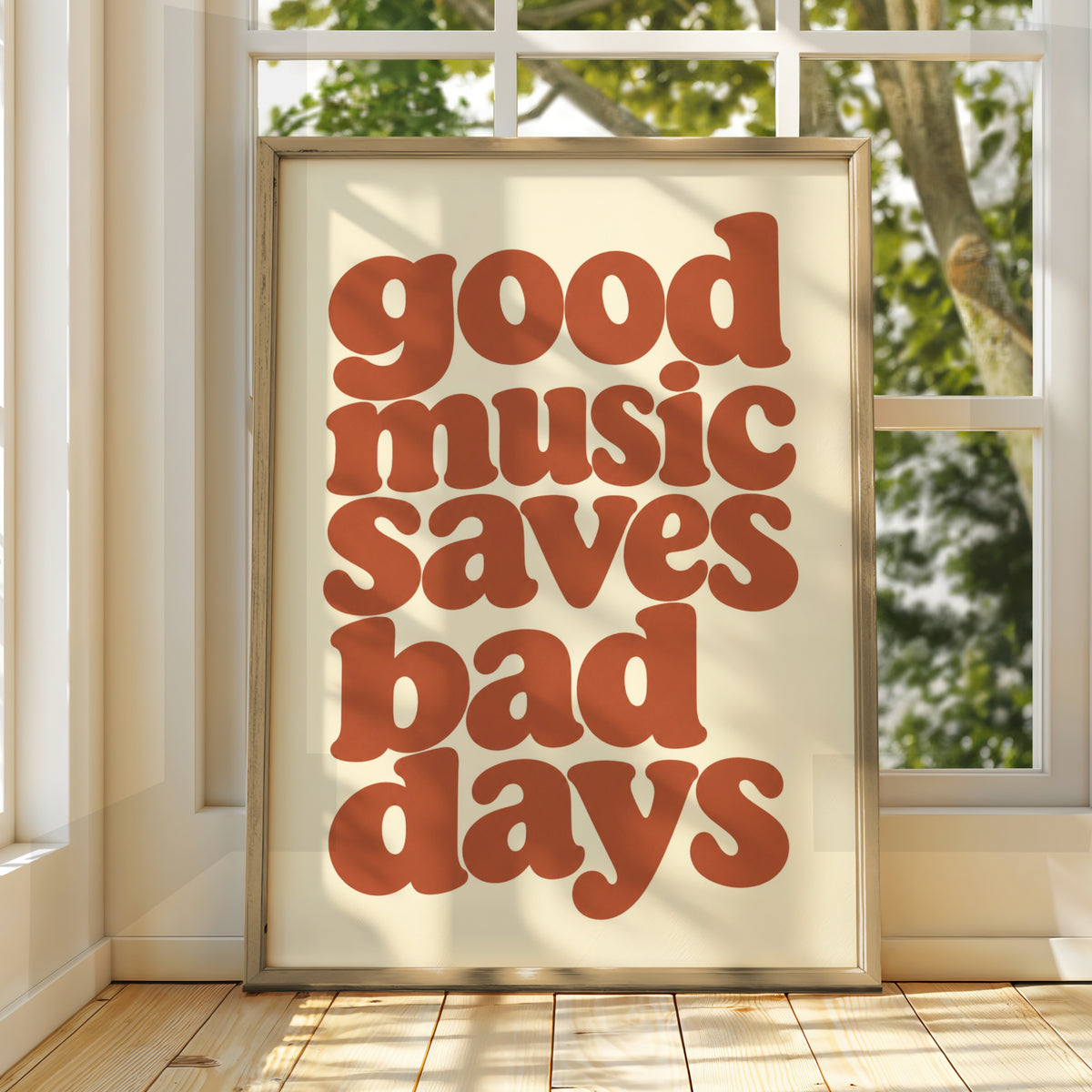 Good Music Saves Bad Days Retro Typography Print, Terracotta Quote Wall Art Poster