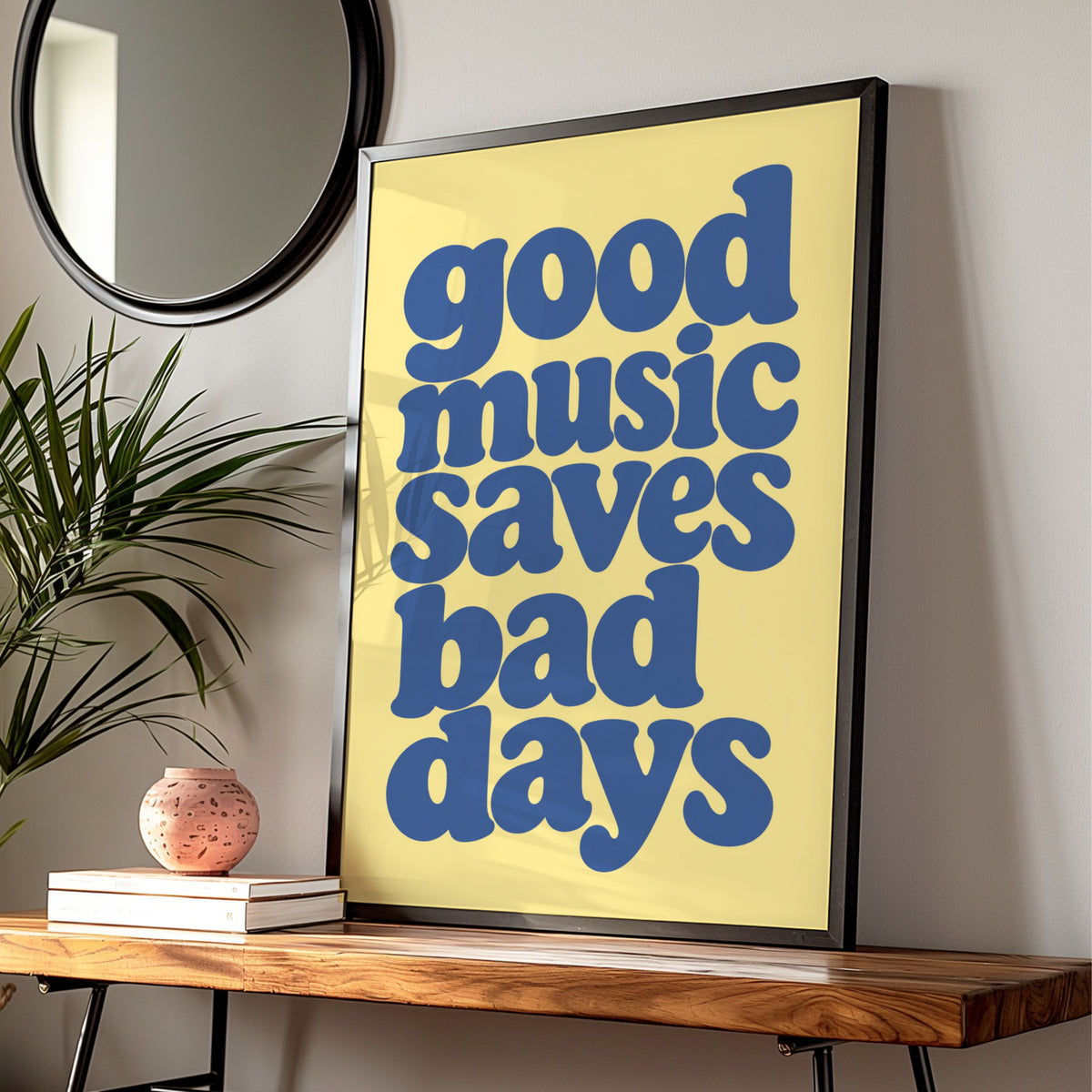 Good Music Saves Bad Days Quote Print, Retro Typography Poster, Blue Yellow Wall Art — Digital Download