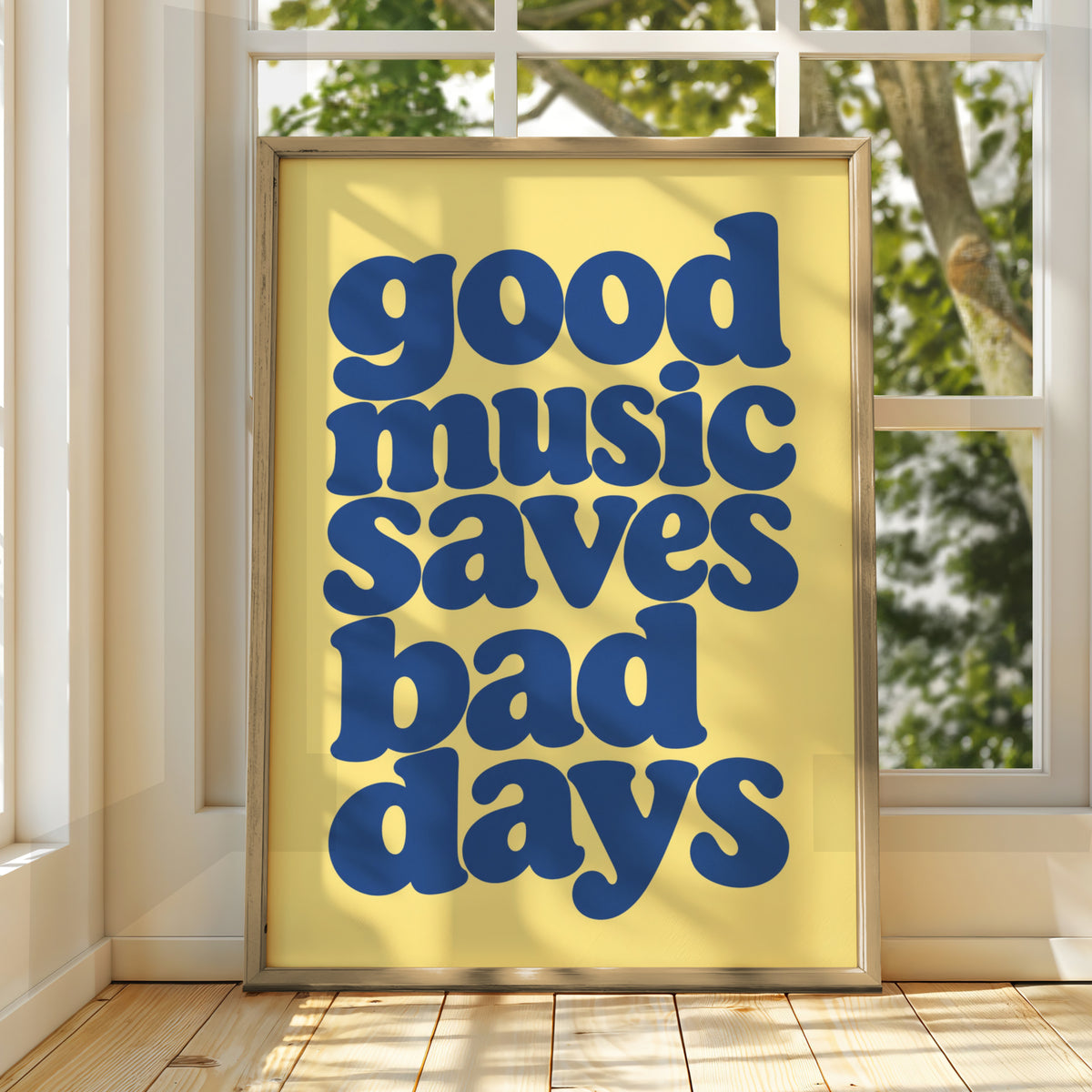 Good Music Saves Bad Days Quote Print, Retro Typography Poster, Blue Yellow Wall Art