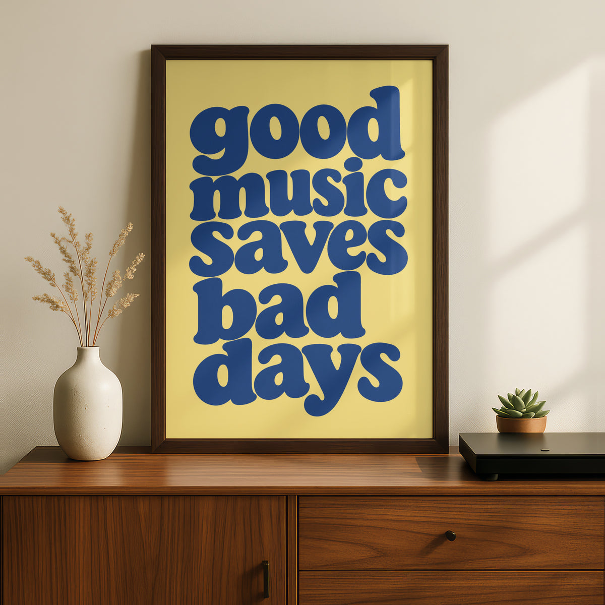 Good Music Saves Bad Days Quote Print, Retro Typography Poster, Blue Yellow Wall Art