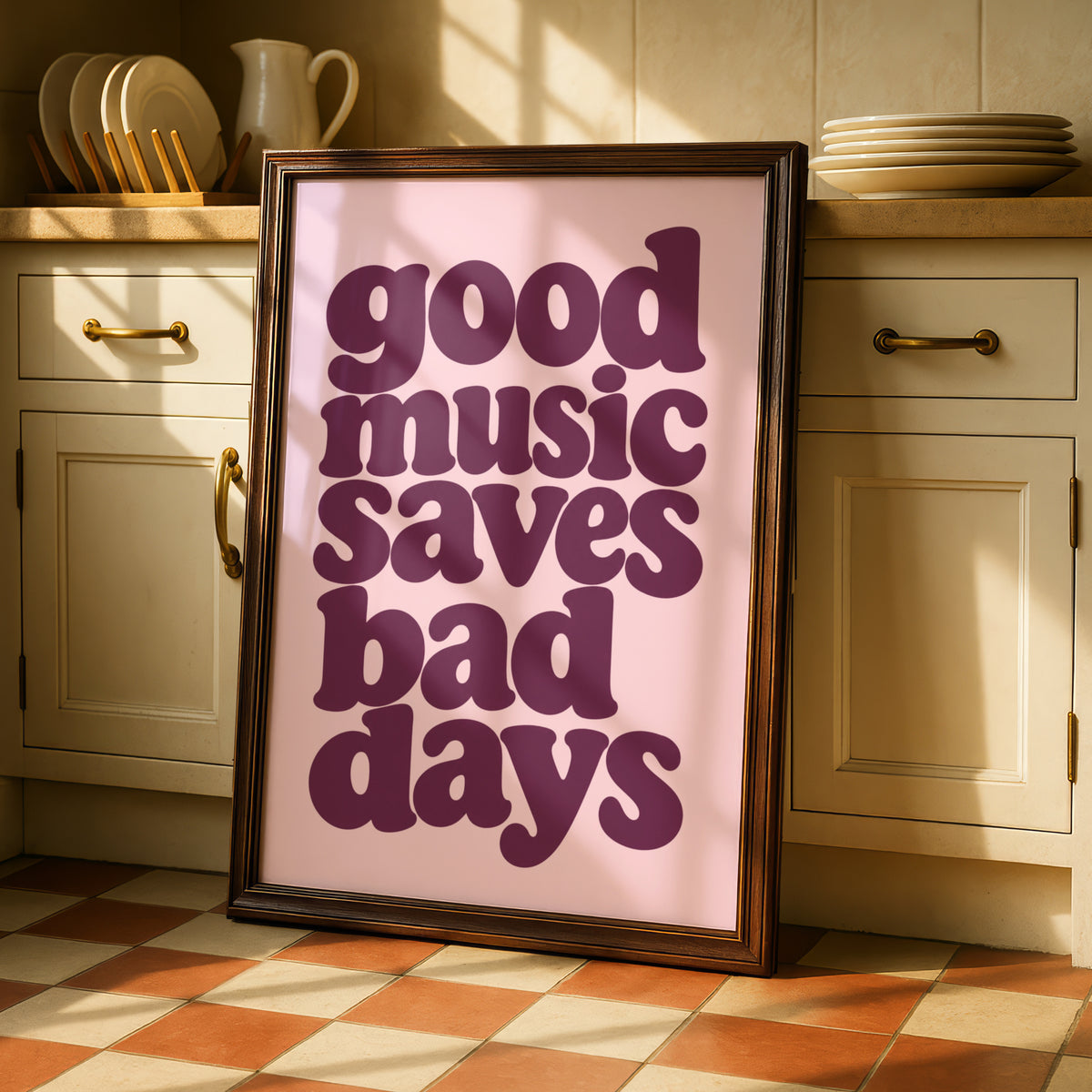 Good Music Saves Bad Days Quote Print, Retro Typography Poster, Pink Plum Wall Art