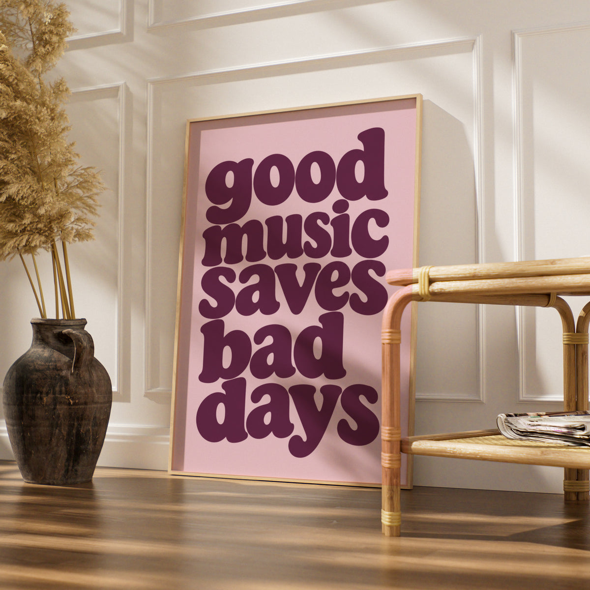 Good Music Saves Bad Days Quote Print, Retro Typography Poster, Pink Plum Wall Art