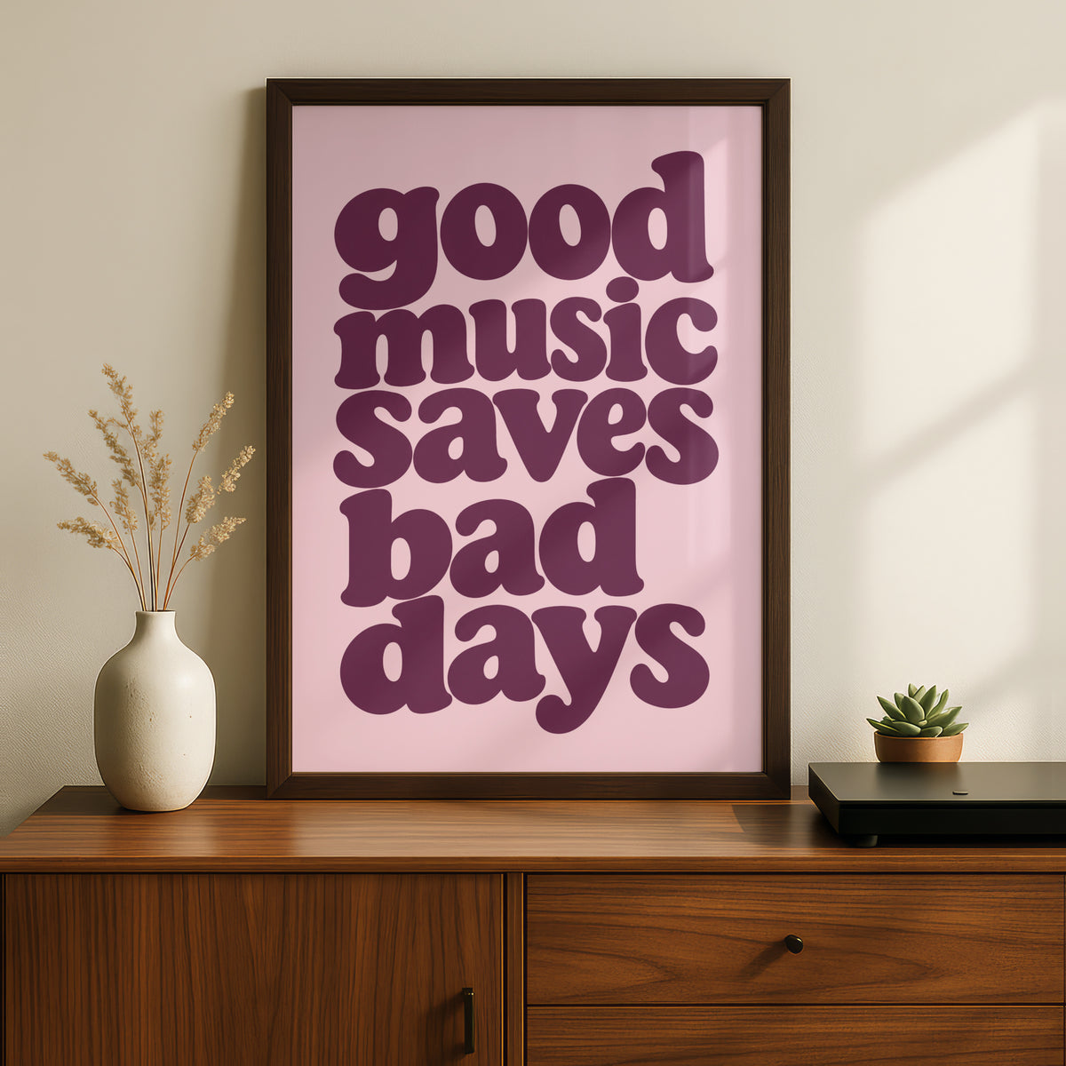 Good Music Saves Bad Days Quote Print, Retro Typography Poster, Pink Plum Wall Art