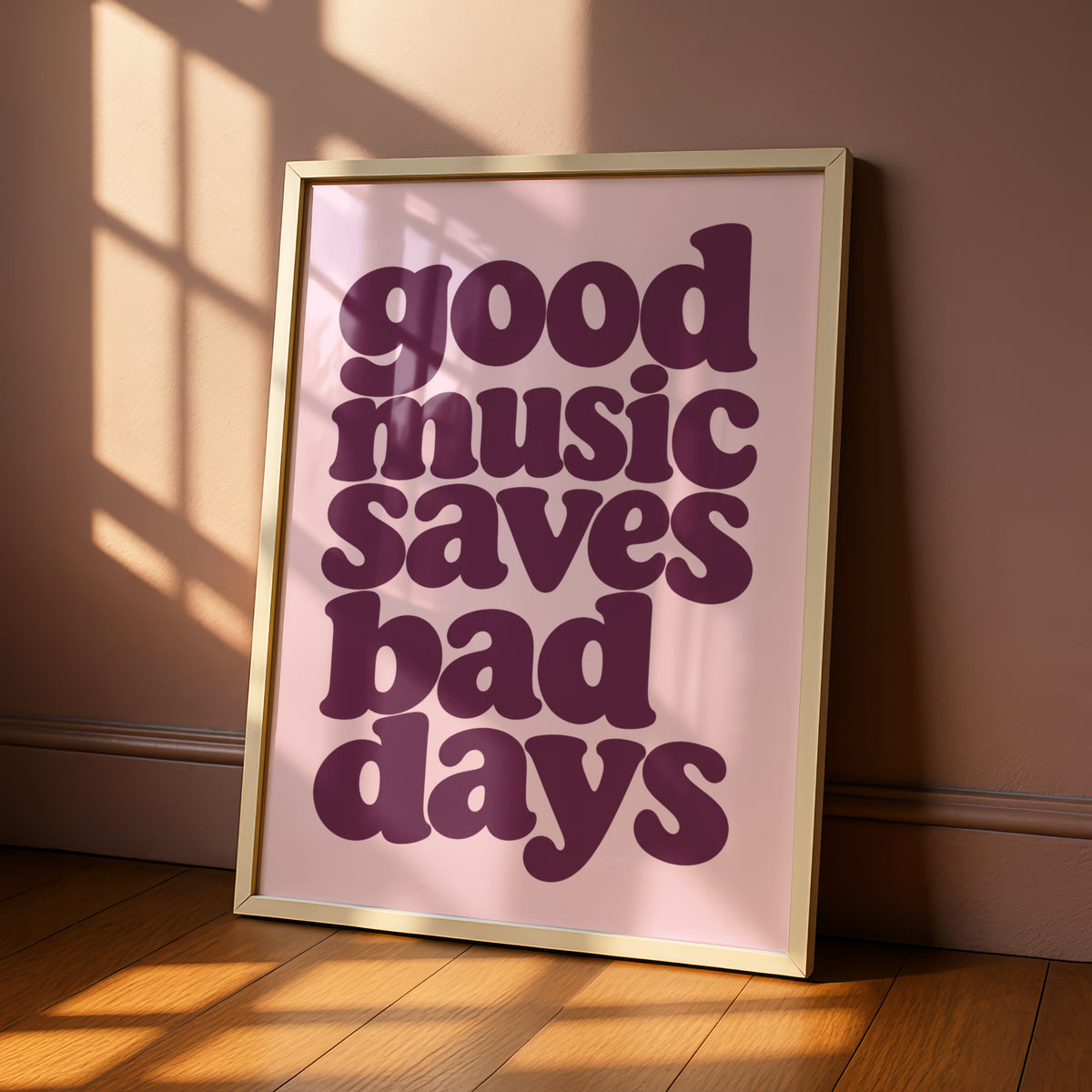 Good Music Saves Bad Days Quote Print, Retro Typography Poster, Pink Plum Wall Art