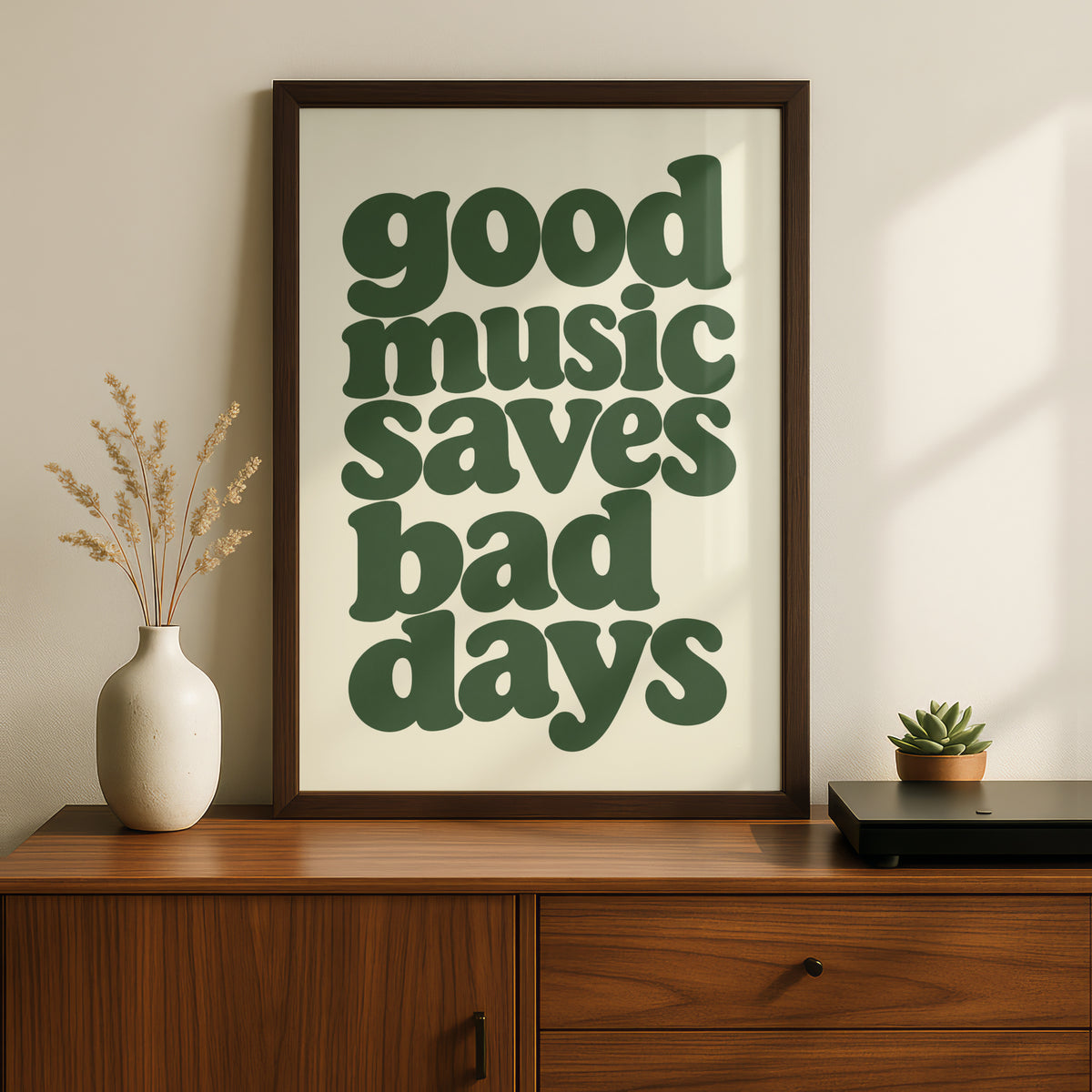 Good Music Saves Bad Days Quote Print, Retro Typography Poster, Green Cream Wall Art