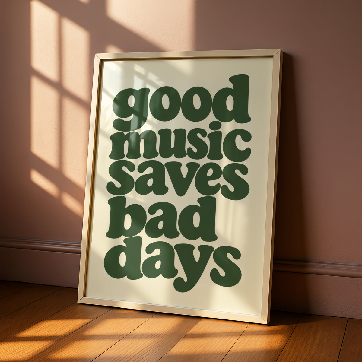 Good Music Saves Bad Days Quote Print, Retro Typography Poster, Green Cream Wall Art