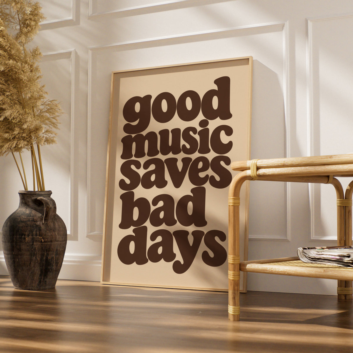 Good Music Saves Bad Days Quote Print, Retro Typography Poster, Neutral Music Wall Art