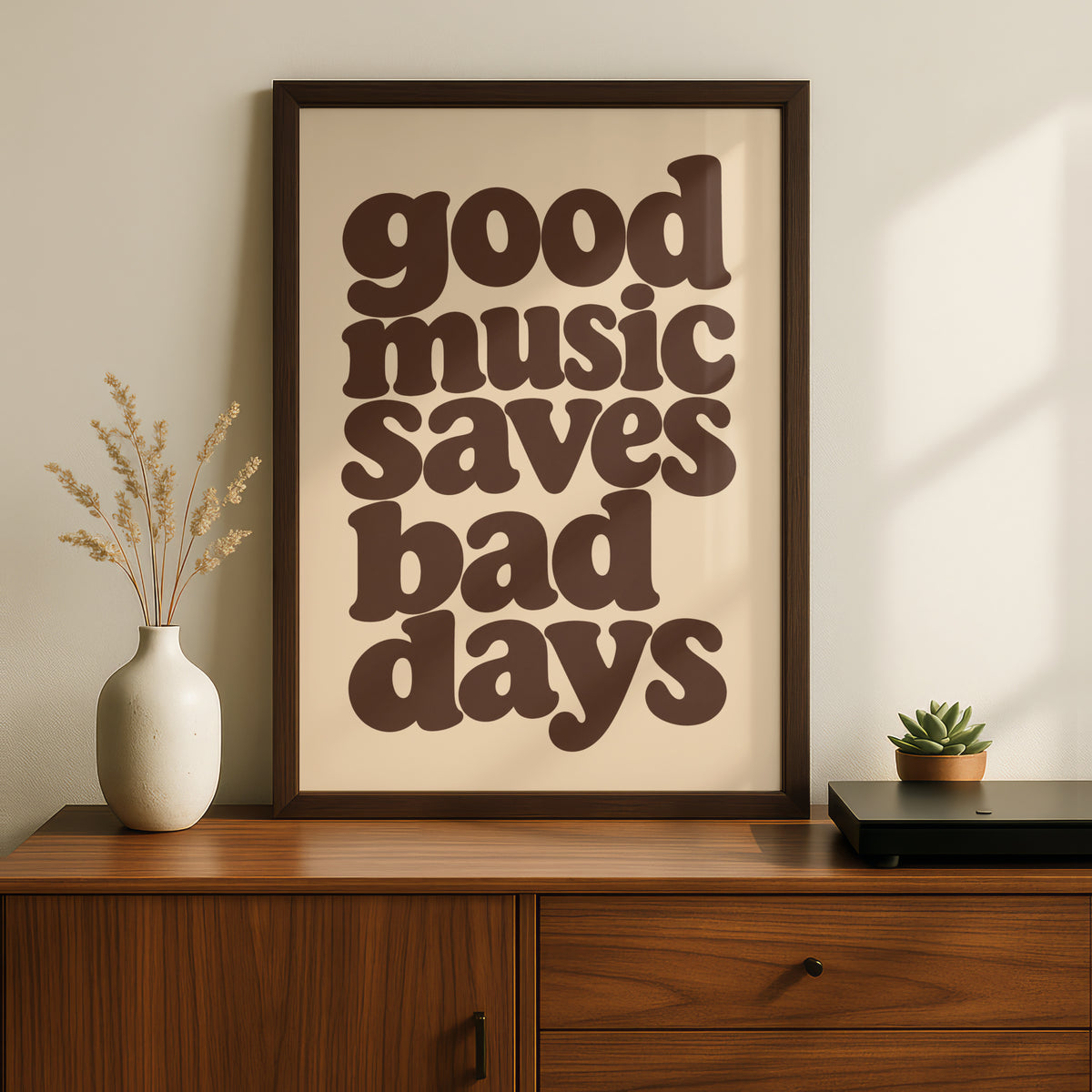 Good Music Saves Bad Days Quote Print, Retro Typography Poster, Neutral Music Wall Art