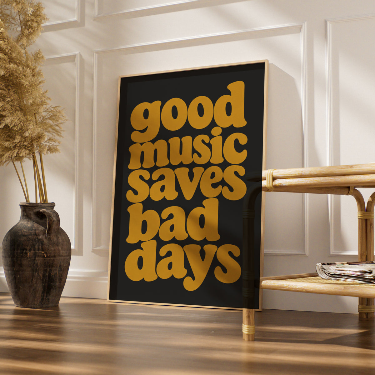 Good Music Saves Bad Days Quote Print, Retro Typography Poster, Mustard Charcoal Wall Art