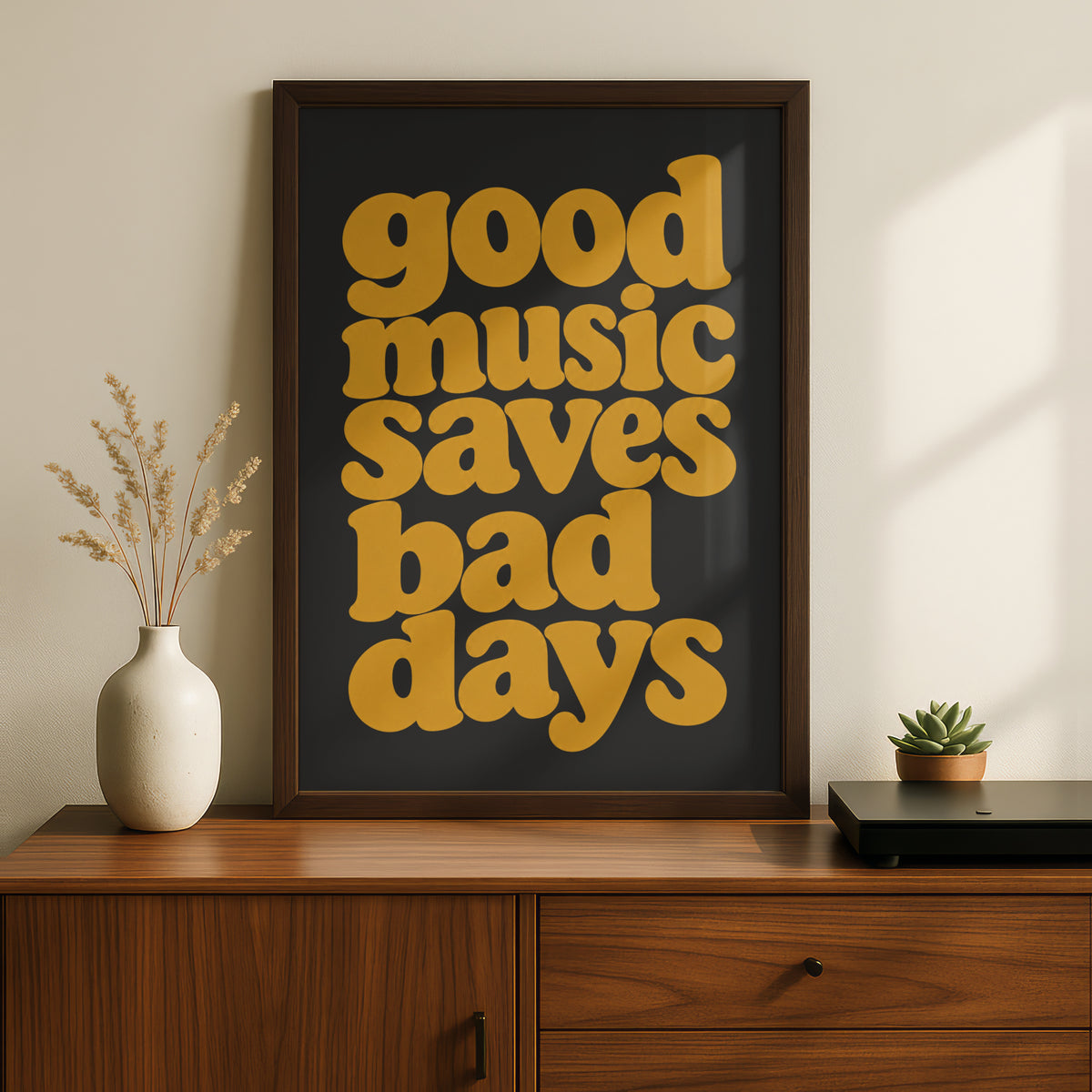 Good Music Saves Bad Days Quote Print, Retro Typography Poster, Mustard Charcoal Wall Art