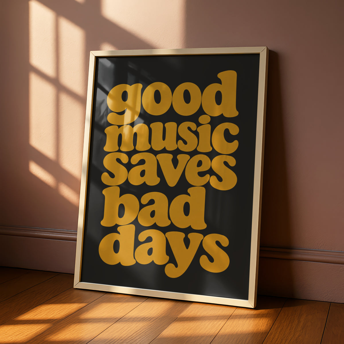 Good Music Saves Bad Days Quote Print, Retro Typography Poster, Mustard Charcoal Wall Art