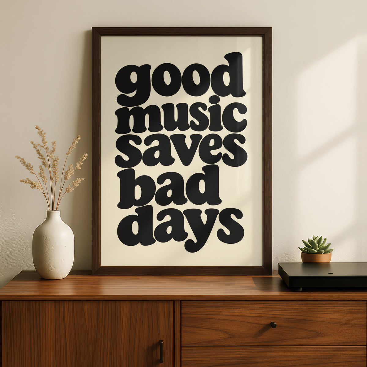 Good Music Saves Bad Days Quote Print, Retro Typography Poster, Black Cream Music Wall Art