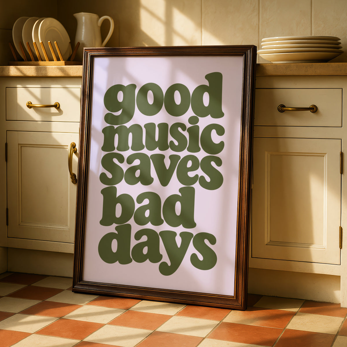 Good Music Saves Bad Days Quote Print, Retro Typography Poster, Olive Green Lilac Wall Art