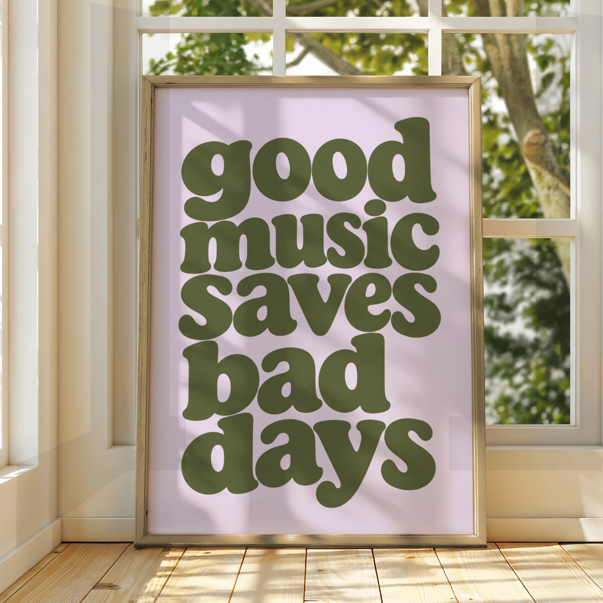 Good Music Saves Bad Days Quote Print, Retro Typography Poster, Olive Green Lilac Wall Art