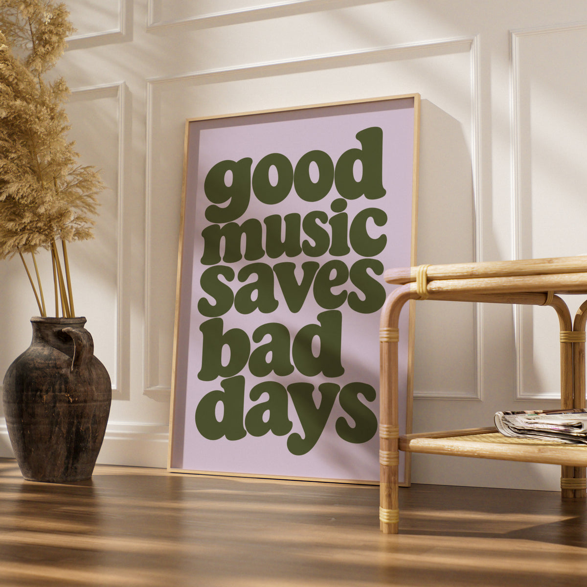 Good Music Saves Bad Days Quote Print, Retro Typography Poster, Olive Green Lilac Wall Art
