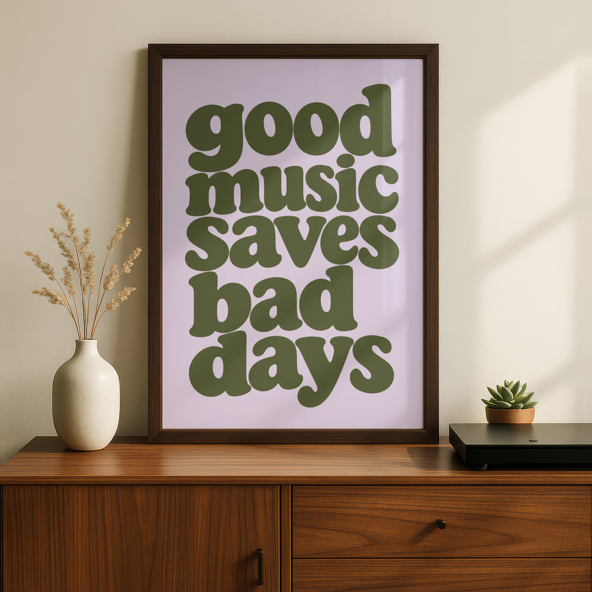 Good Music Saves Bad Days Quote Print, Retro Typography Poster, Olive Green Lilac Wall Art