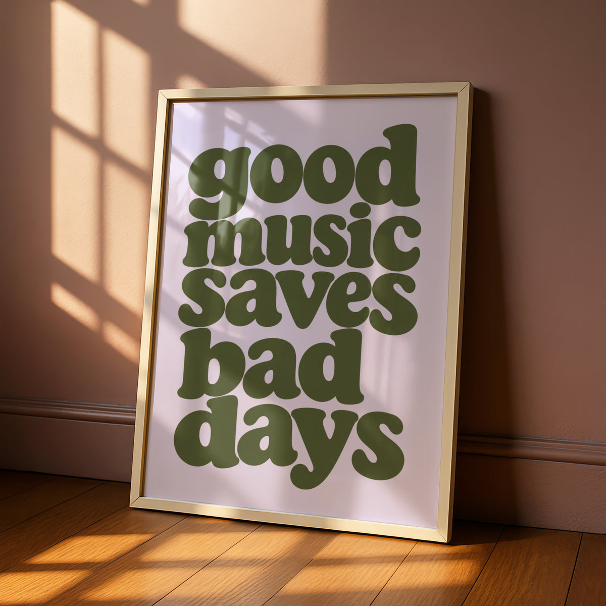 Good Music Saves Bad Days Quote Print, Retro Typography Poster, Olive Green Lilac Wall Art
