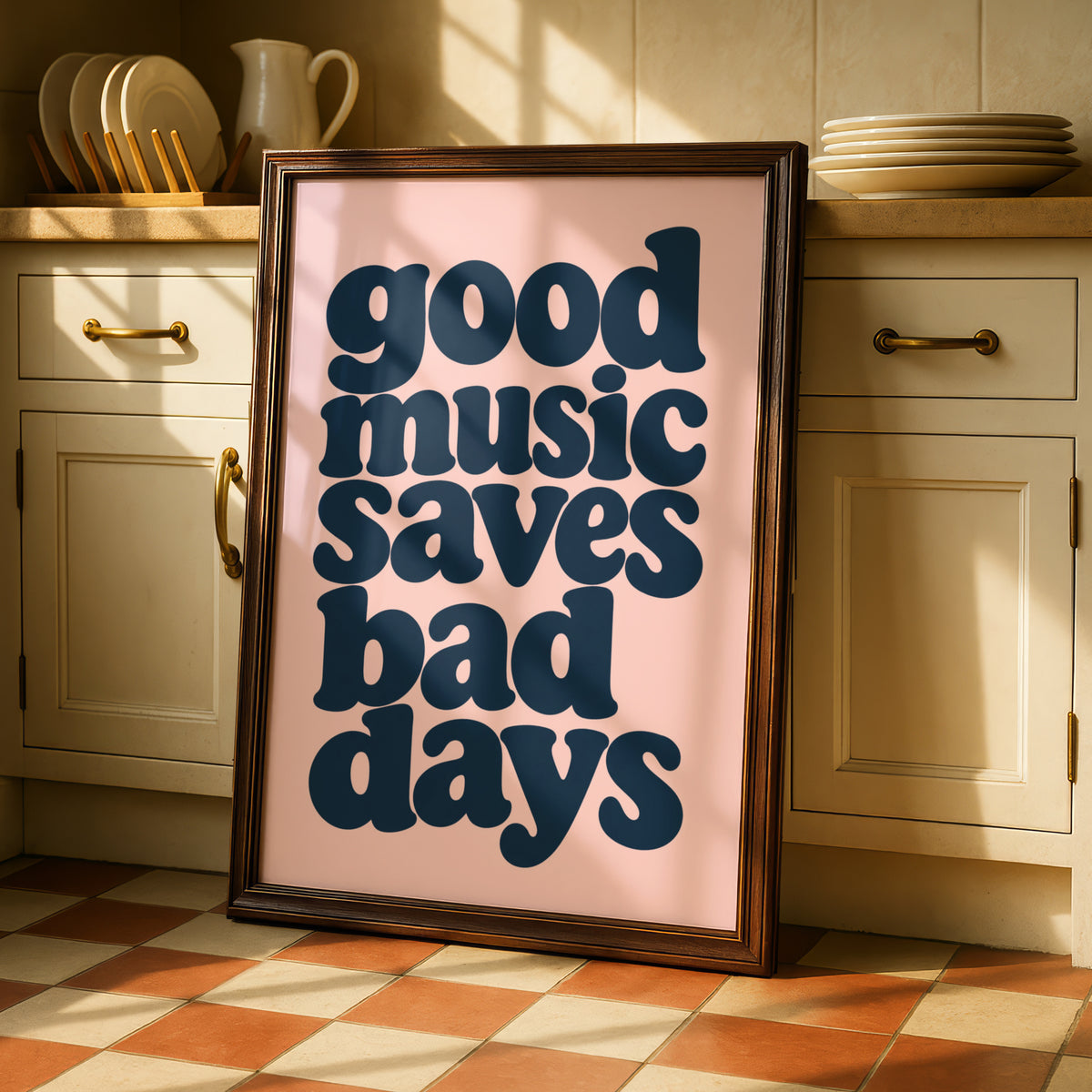 Good Music Saves Bad Days Print, Navy Blush Typography, Retro Quote Wall Art Poster