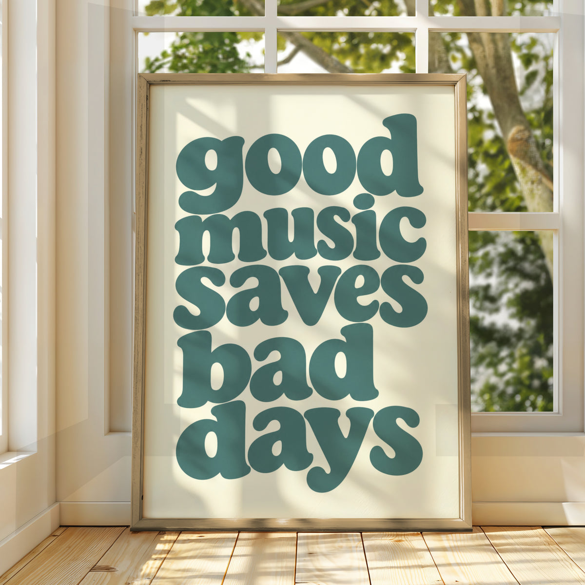 Good Music Saves Bad Days Teal Typography Poster, Retro Quote Wall Art Print