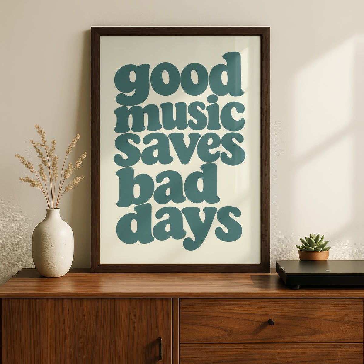Good Music Saves Bad Days Teal Typography Poster, Retro Quote Wall Art Print
