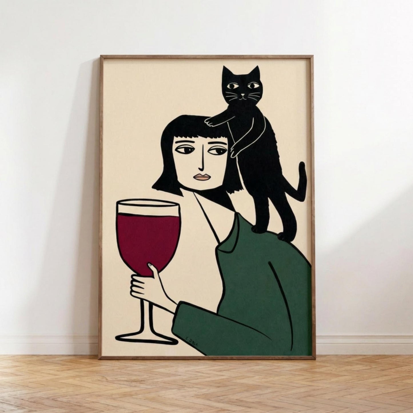 Black Cat Wine Poster, Minimalist Line Print, Woman with Cat Wall Art wall art print