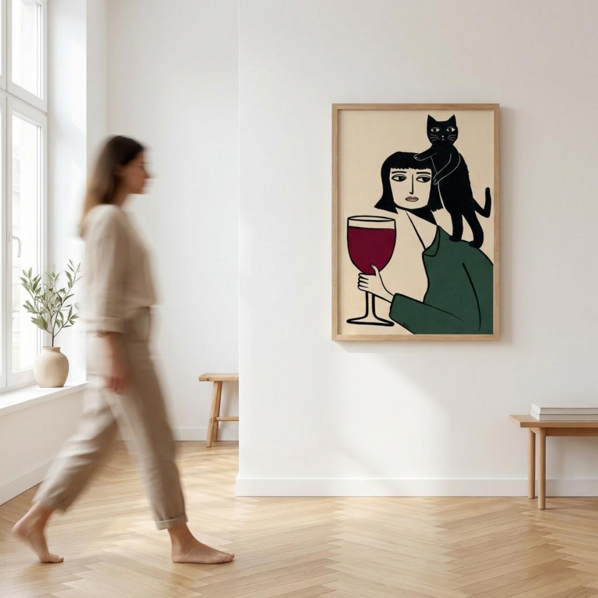 Black Cat Wine Poster, Minimalist Line Print, Woman with Cat Wall Art wall art print