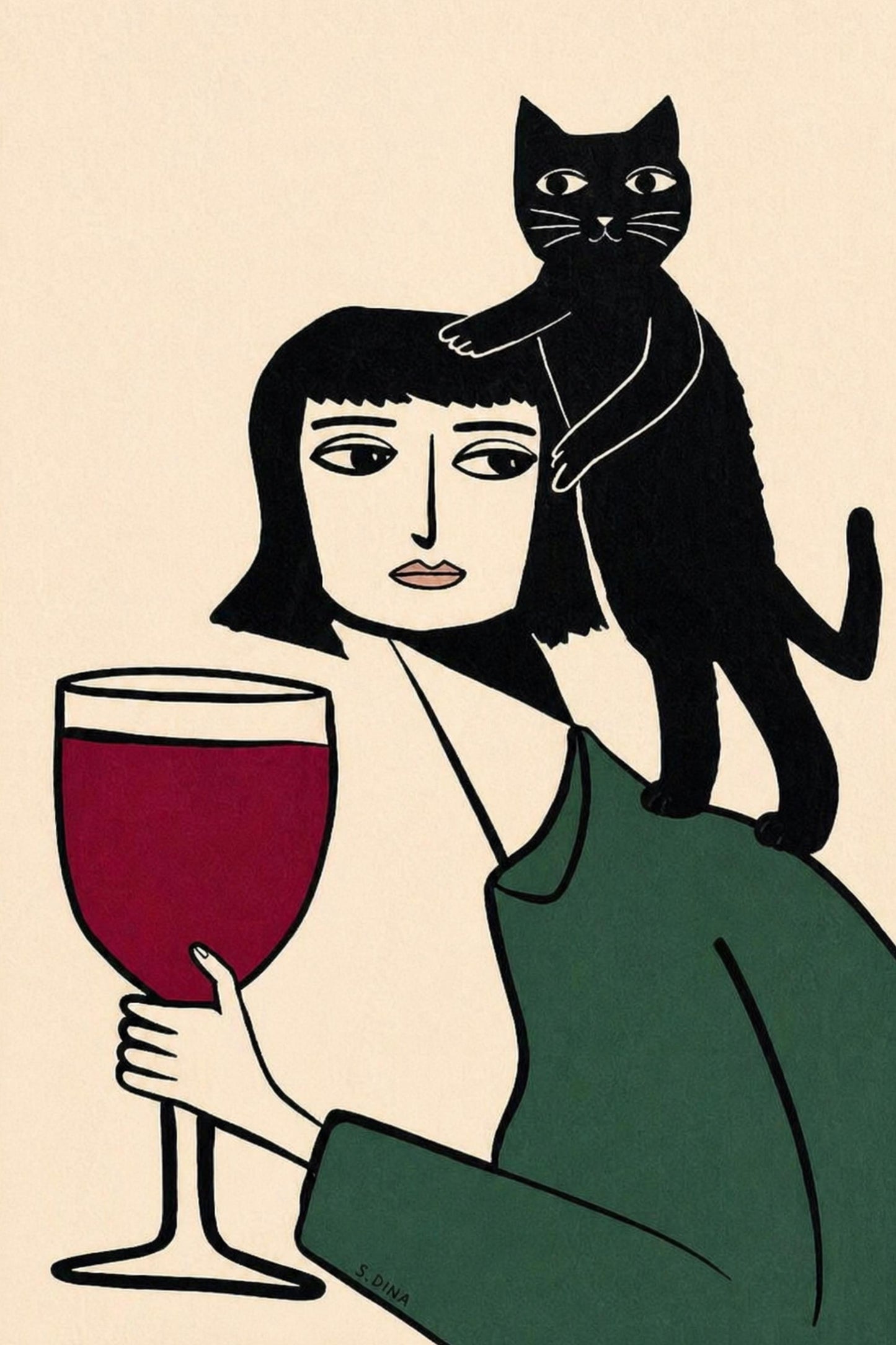 Black Cat Wine Poster, Minimalist Line Print, Woman with Cat Wall Art wall art print