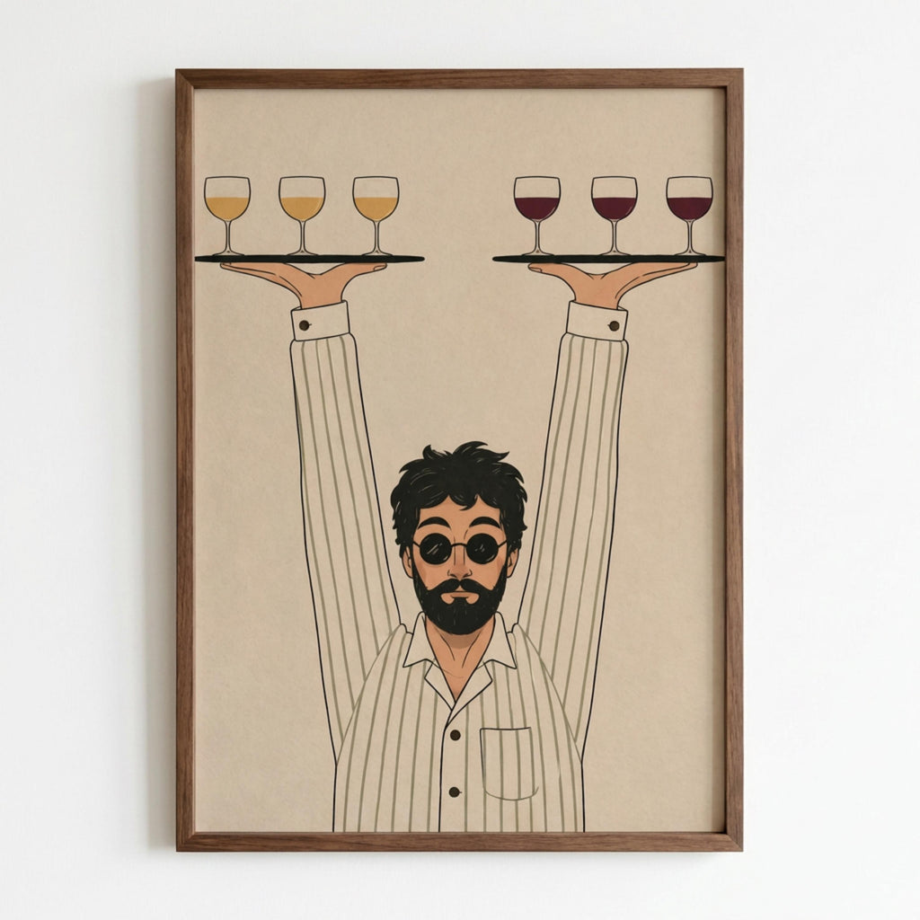 Retro Waiter, Minimalist Line Art Poster, Retro Wine Illustration wall art print