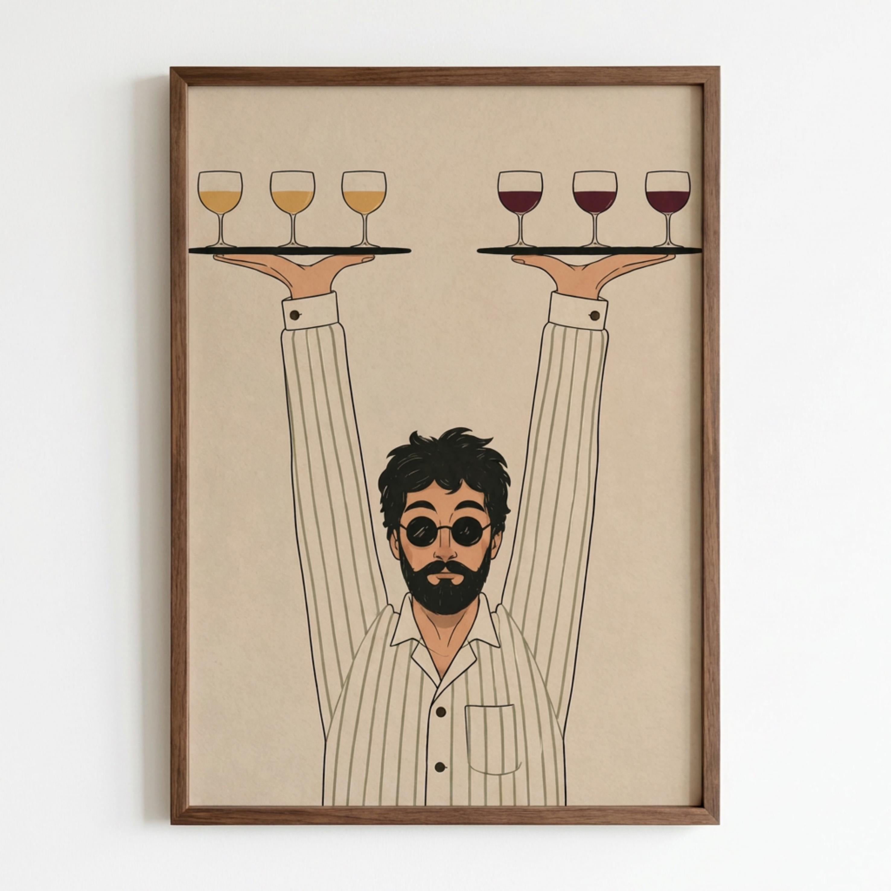 Retro Waiter, Minimalist Line Art Poster, Retro Wine Illustration wall art print