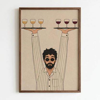 Retro Waiter, Minimalist Line Art Poster, Retro Wine Illustration wall art print