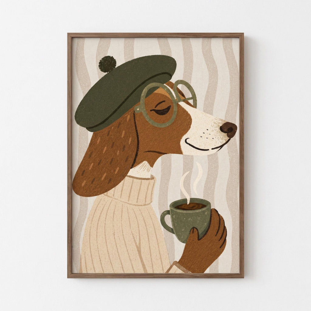 Dachshund Wall Art, Cozy Dog Print, Sausage Dog Poster, Coffee Illustration wall art print