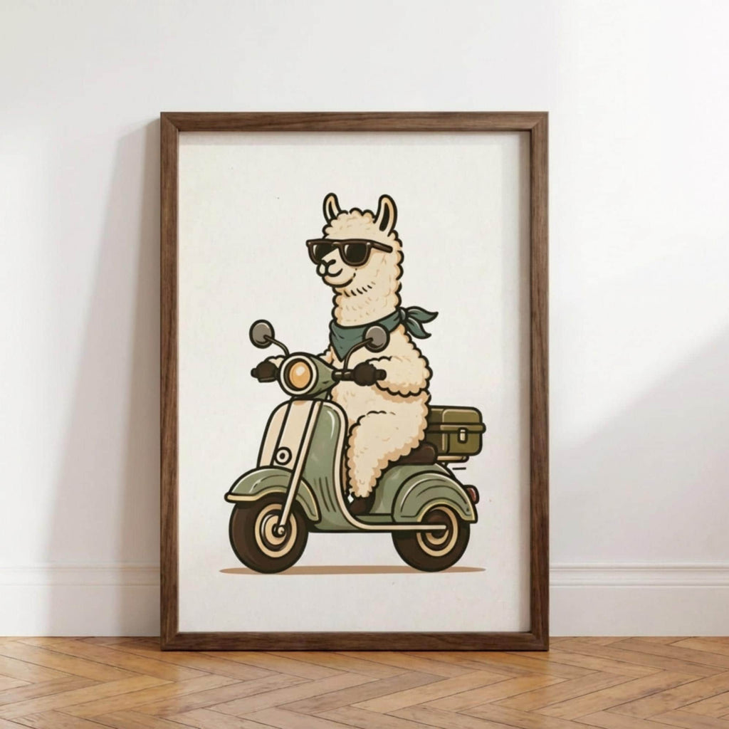 Llama Wall Art, Alpaca Scooter Poster, Animal Print, Retro Scooter Decor wall art print