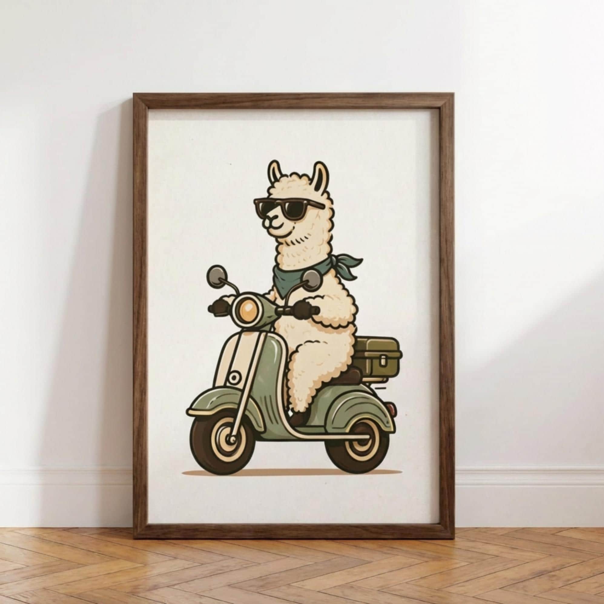 Llama Wall Art, Alpaca Scooter Poster, Animal Print, Retro Scooter Decor wall art print