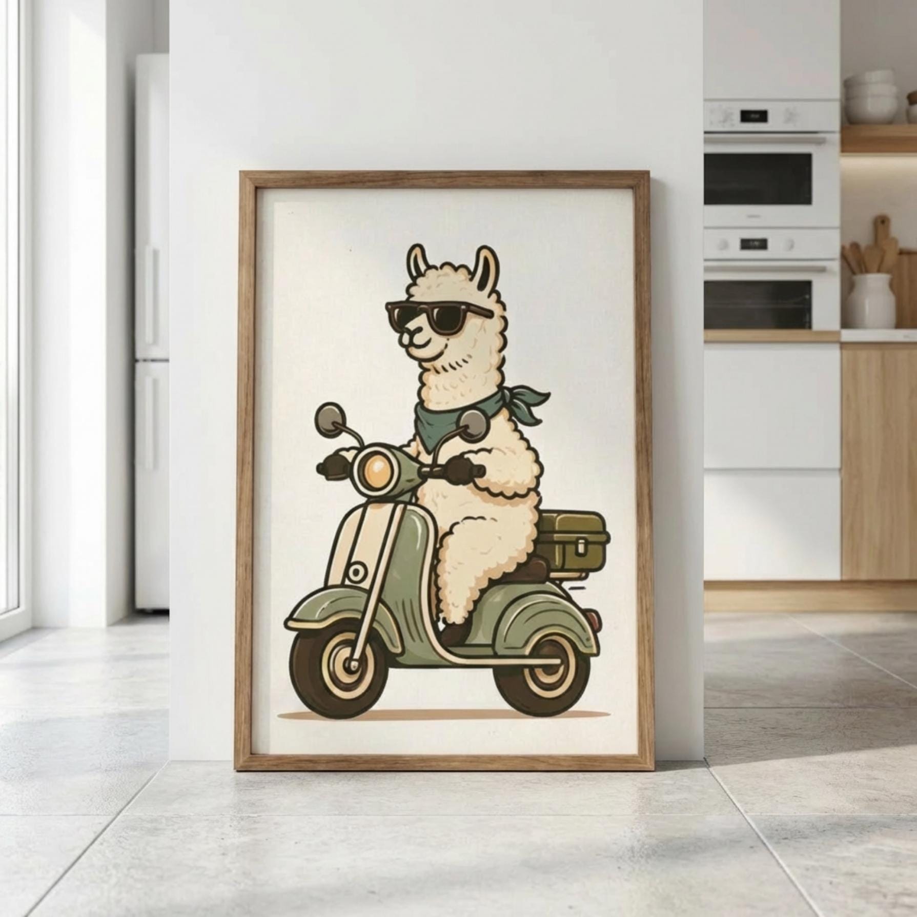 Llama Wall Art, Alpaca Scooter Poster, Animal Print, Retro Scooter Decor wall art print