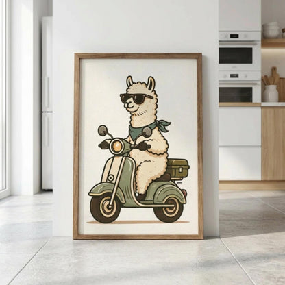 Llama Wall Art, Alpaca Scooter Poster, Animal Print, Retro Scooter Decor wall art print