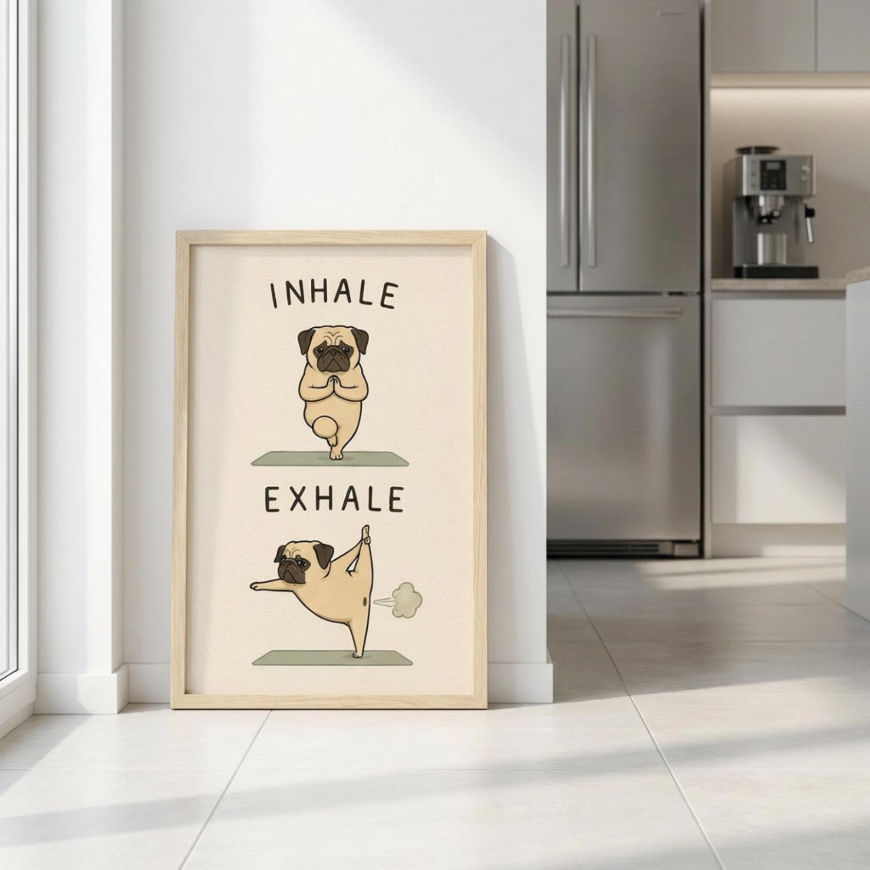 Pug Yoga Poster, Inhale Exhale Wall Art, Yoga Humor, Sizes A5-AO wall art print