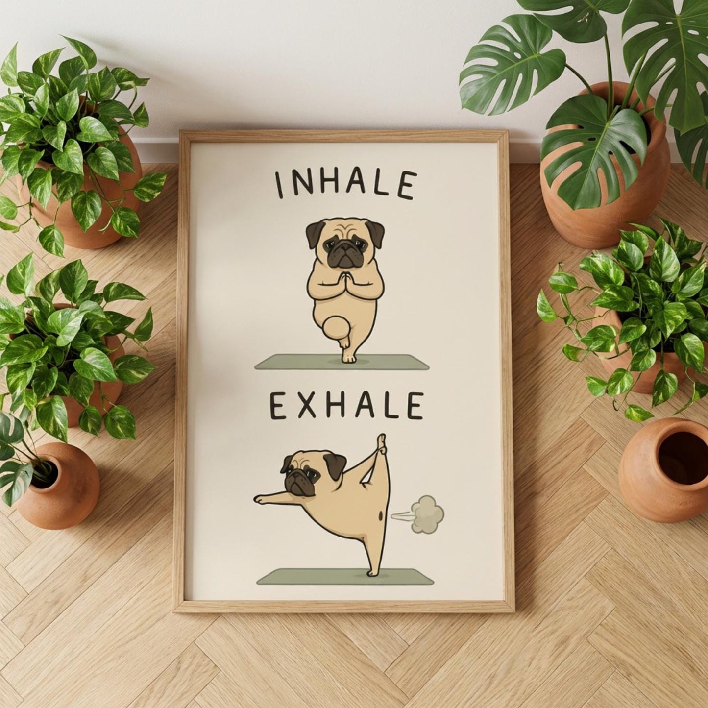 Pug Yoga Poster, Inhale Exhale Wall Art, Yoga Humor, Sizes A5-AO wall art print